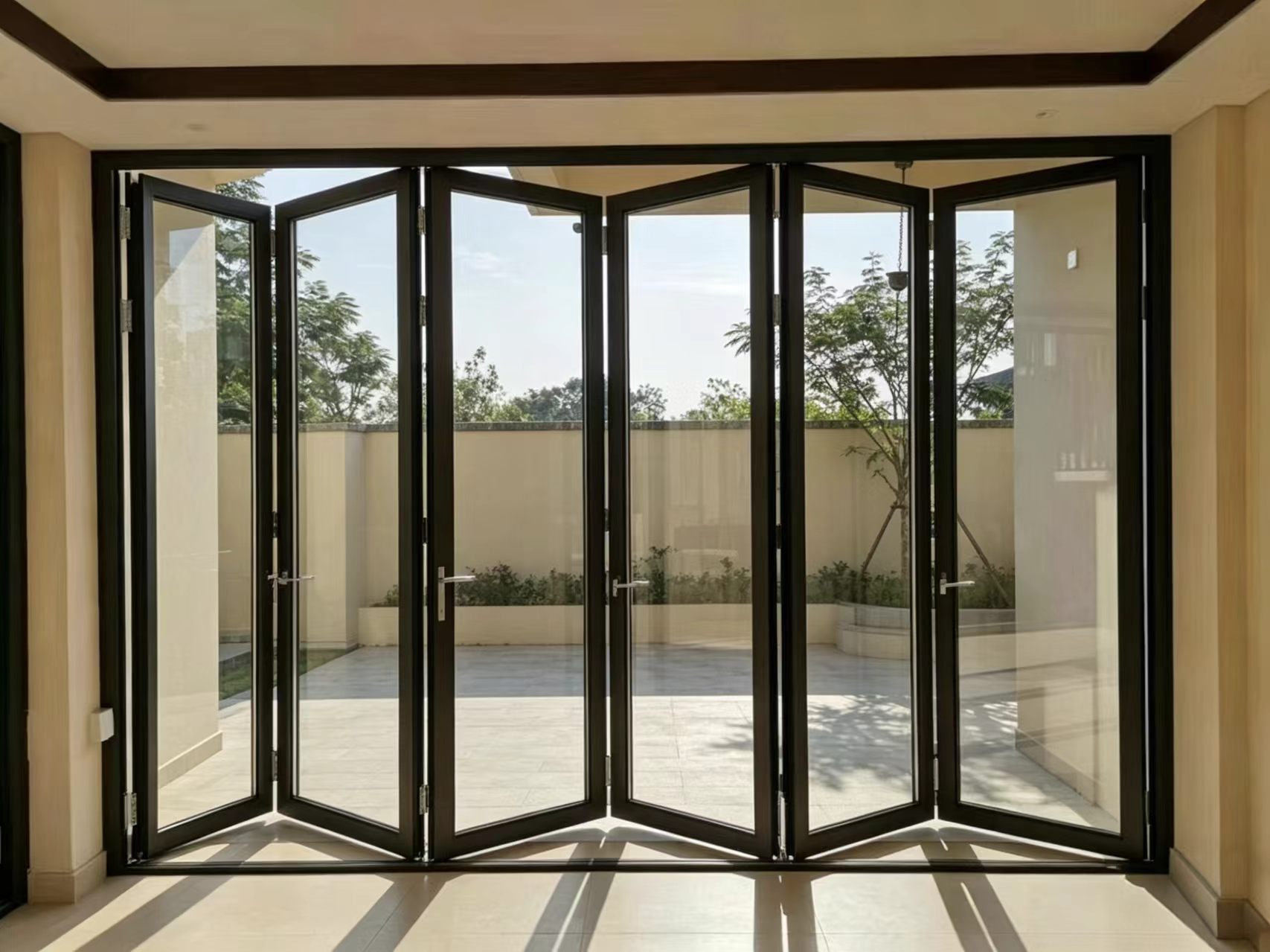 European Style Modern Pure White Aluminum Bi-Fold Door Tempered Glass Full View Folding Sliding Exterior Bathroom Entry