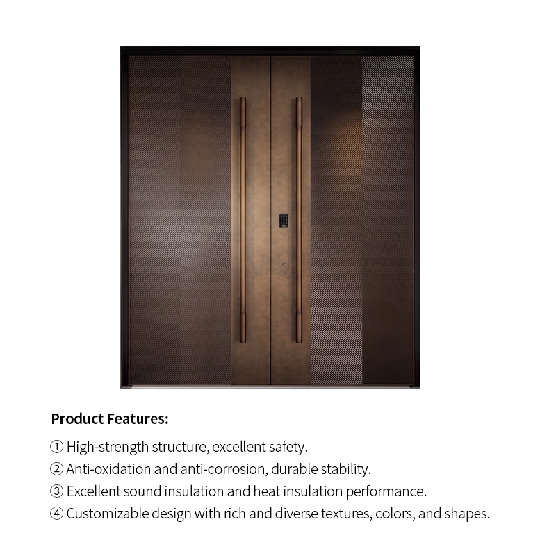 Modern Aluminum Entry Door Brown Bronze Textured Double Front Door Fingerprint Smart Lock Anti Theft for Hotel