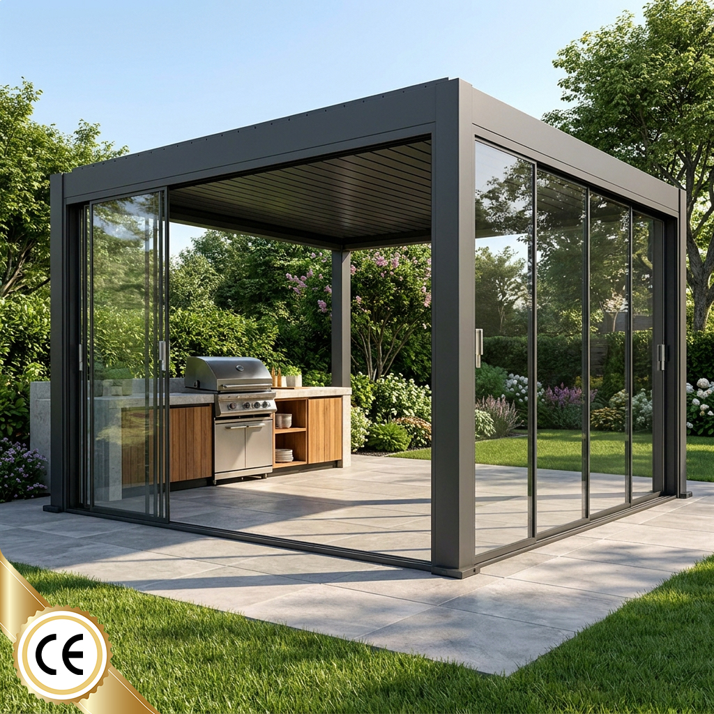 Environmental-friendly Aluminum Alloy Pergola Electrically-operated Folding Glass Doors for Modern Backyard Outdoor Living UV