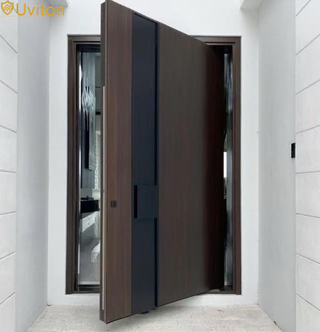 Wood Grain Pivot Front Door Oversized Walnut Aluminum Exterior Entry Door for American Villa Home Hidden Pivot Smart Lock