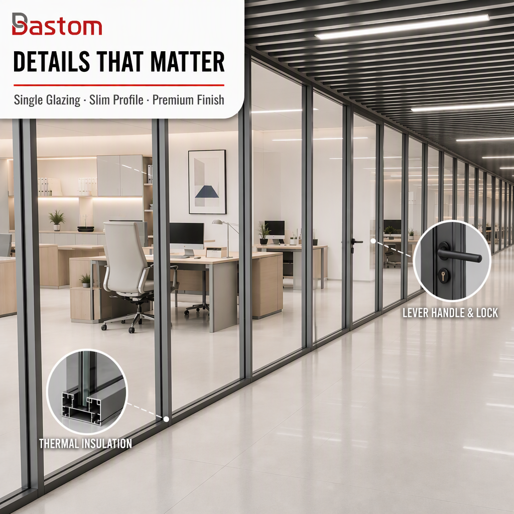 80mm Wall Thickness Square Aluminum Frame Single Glass Partition for Modern Commercial Interiors
