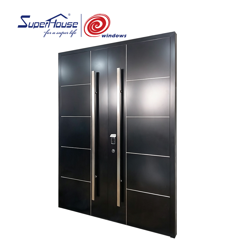 Modern Style Aluminum Double Entry Door Custom Design Exterior Front Door With Smart Lock Long Pull Handle For Luxury Villa
