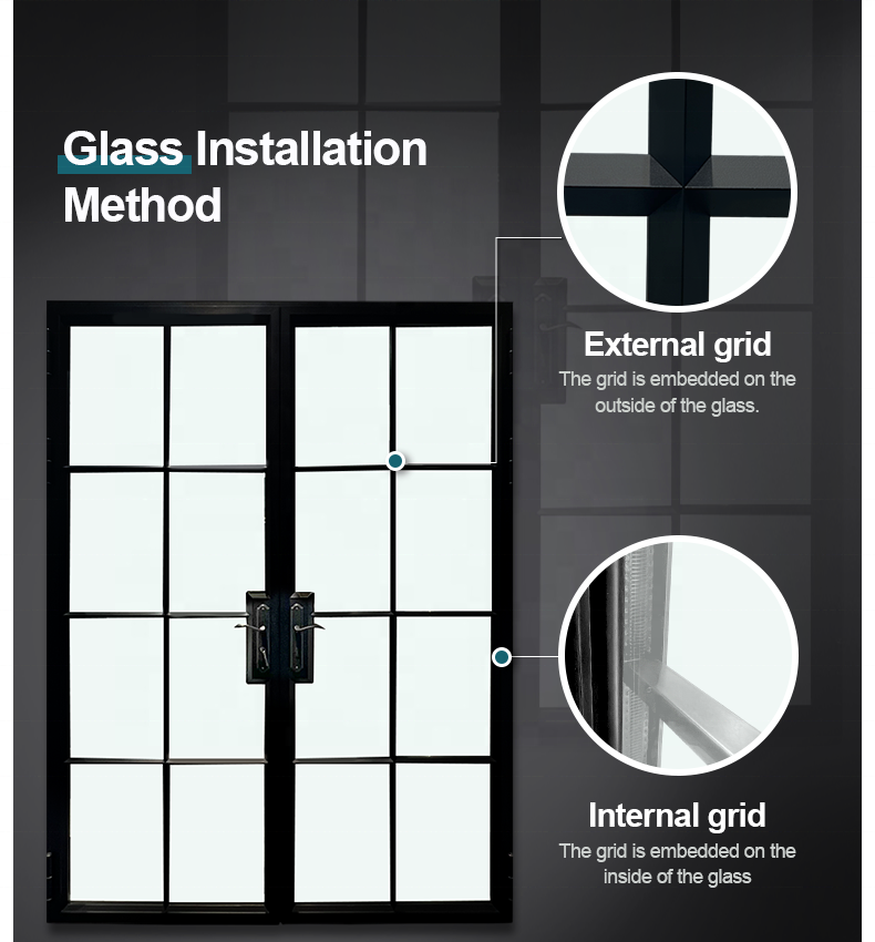 Zekin Black Grill Entrance Swing Doors French Door Aluminum Tempered Glass Casement Entry Door for Interior