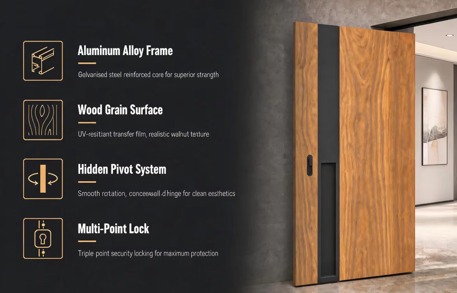 Wood Grain Pivot Front Door Oversized Walnut Aluminum Exterior Entry Door for American Villa Home Hidden Pivot Smart Lock