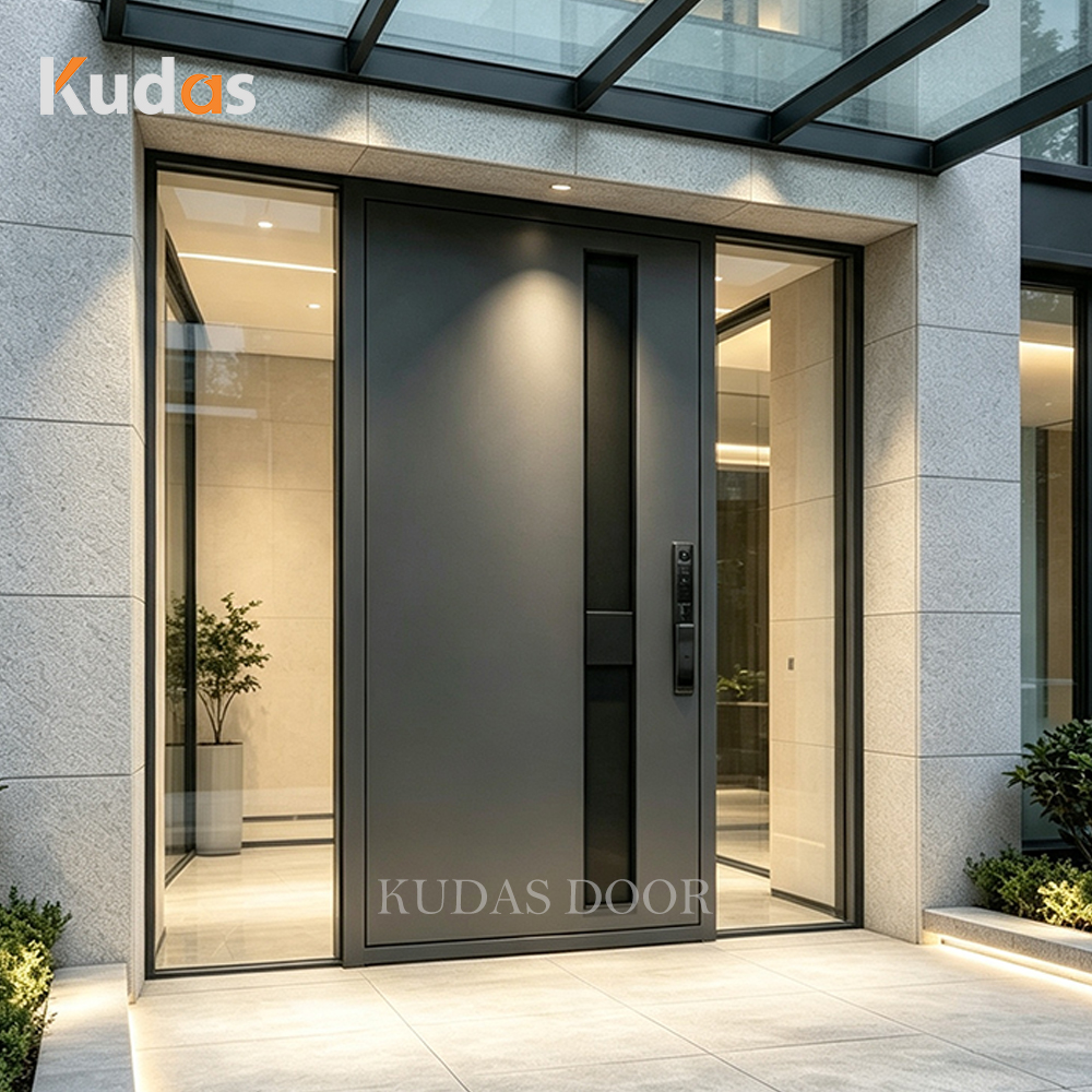 Modern Home Grey Cast Aluminum Front Pivot Door Exterior Waterproof Durable Main Entrance Security Door With Glass Sidelights