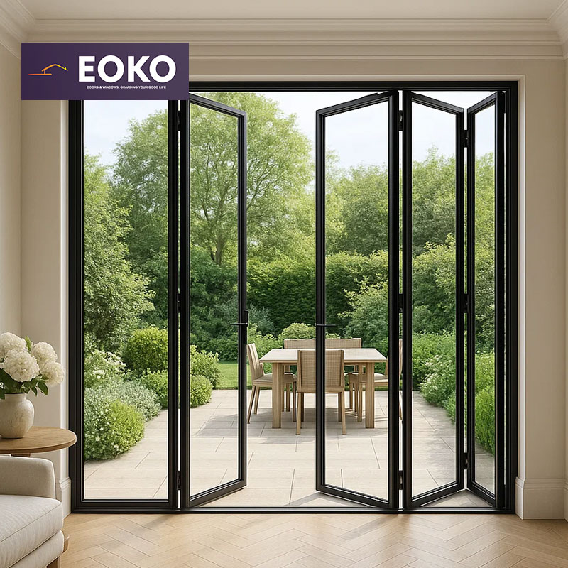 EOKO Energy Star Soundproof Bi-Fold Patio Door Aluminum Glass Combined Sliding Folding Door System for Hotel Commercial