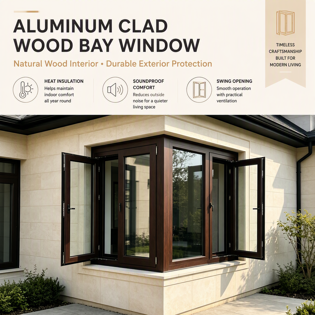 Windows New York Soundproof Wooden Frame Window High End Aluminum Frame Aluminum Clad Wood Bay Window