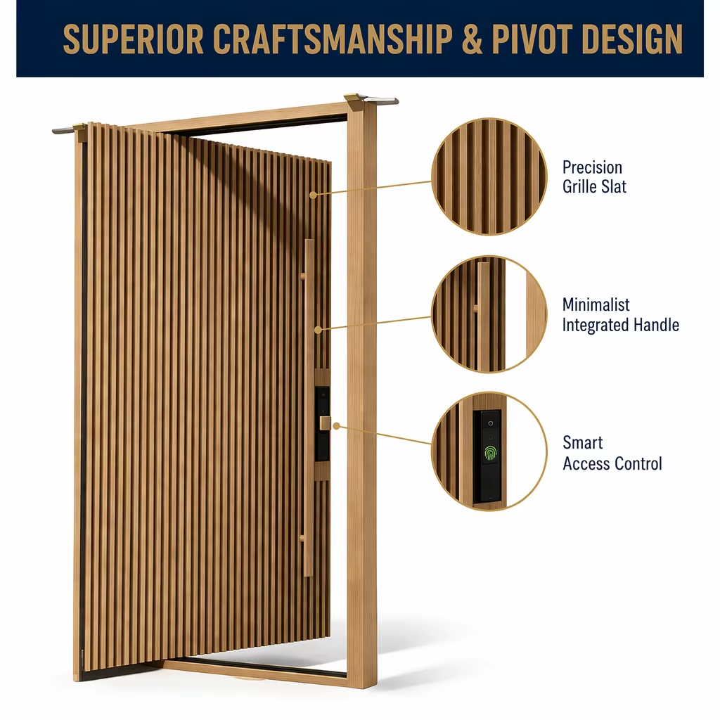 Large Pivot Entry Door, Modern Residential Aluminum Wood Composite Vertical Slat Grille , Anti-Theft Villa Main Entrance Door