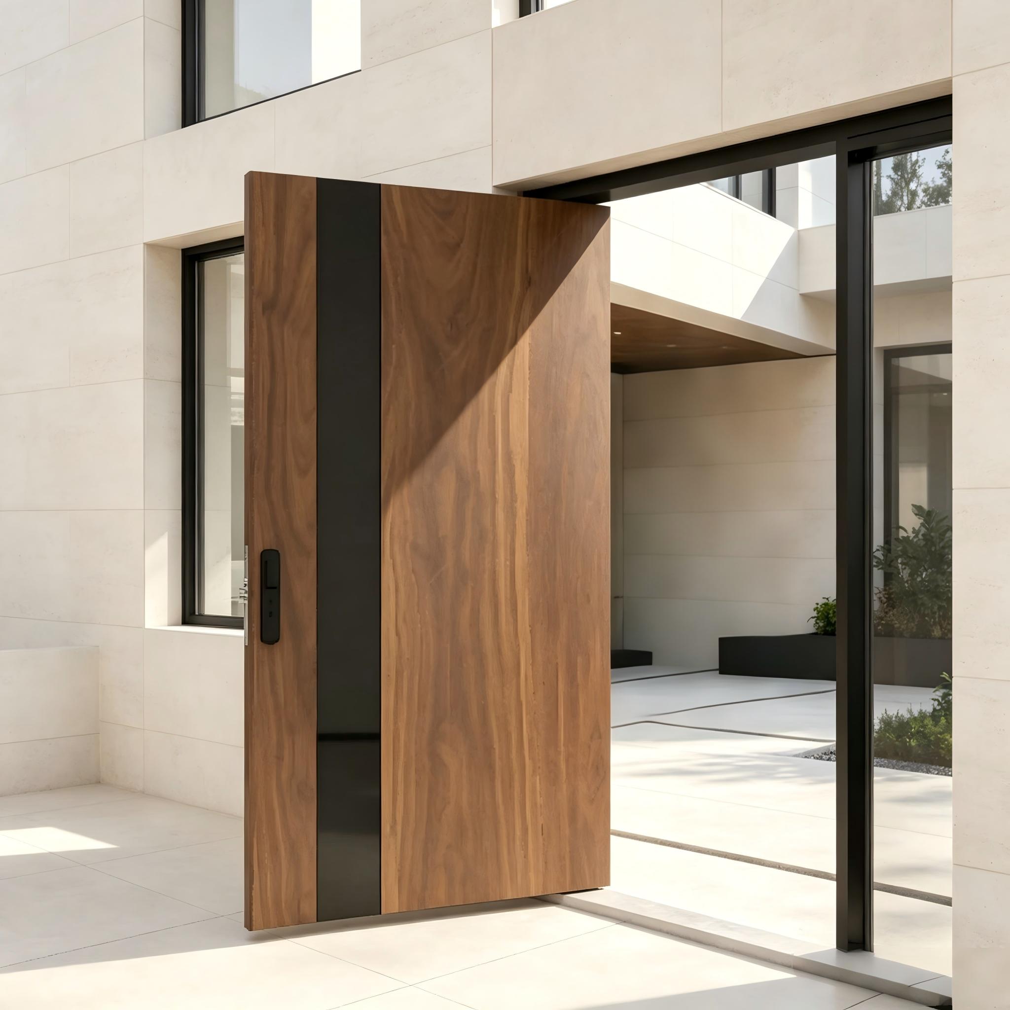 Wood Grain Pivot Front Door Oversized Walnut Aluminum Exterior Entry Door for American Villa Home Hidden Pivot Smart Lock