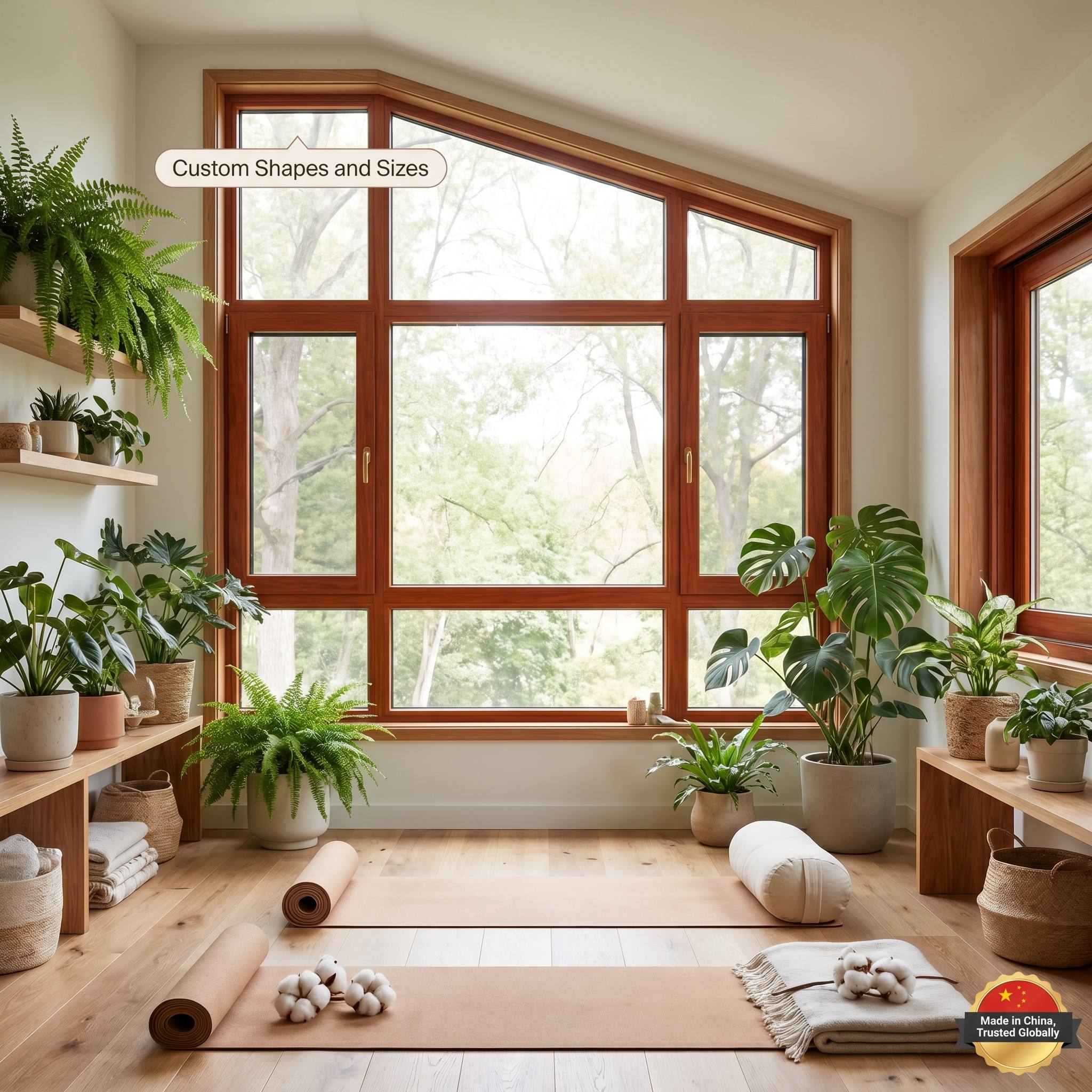 HUACAI Russian Larch Grade Aluminum Wood Composite Window Sound Insulation Glazed System Window