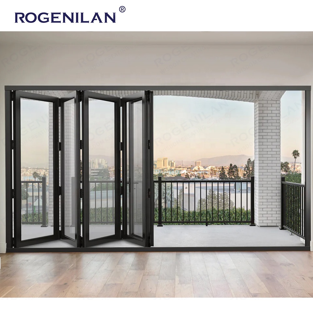Rogenilan AS2047 CE Exterior Double Lowe Glass Aluminum Bi Folding Foldable Door Balcony Patio Bifold Accordion Doors