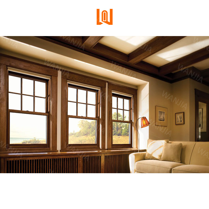WANJIA Interior Replacement Aluminum Wooden Windows Soundproofing Double Glazed Single Hung Windows Aluminum Clad Windows