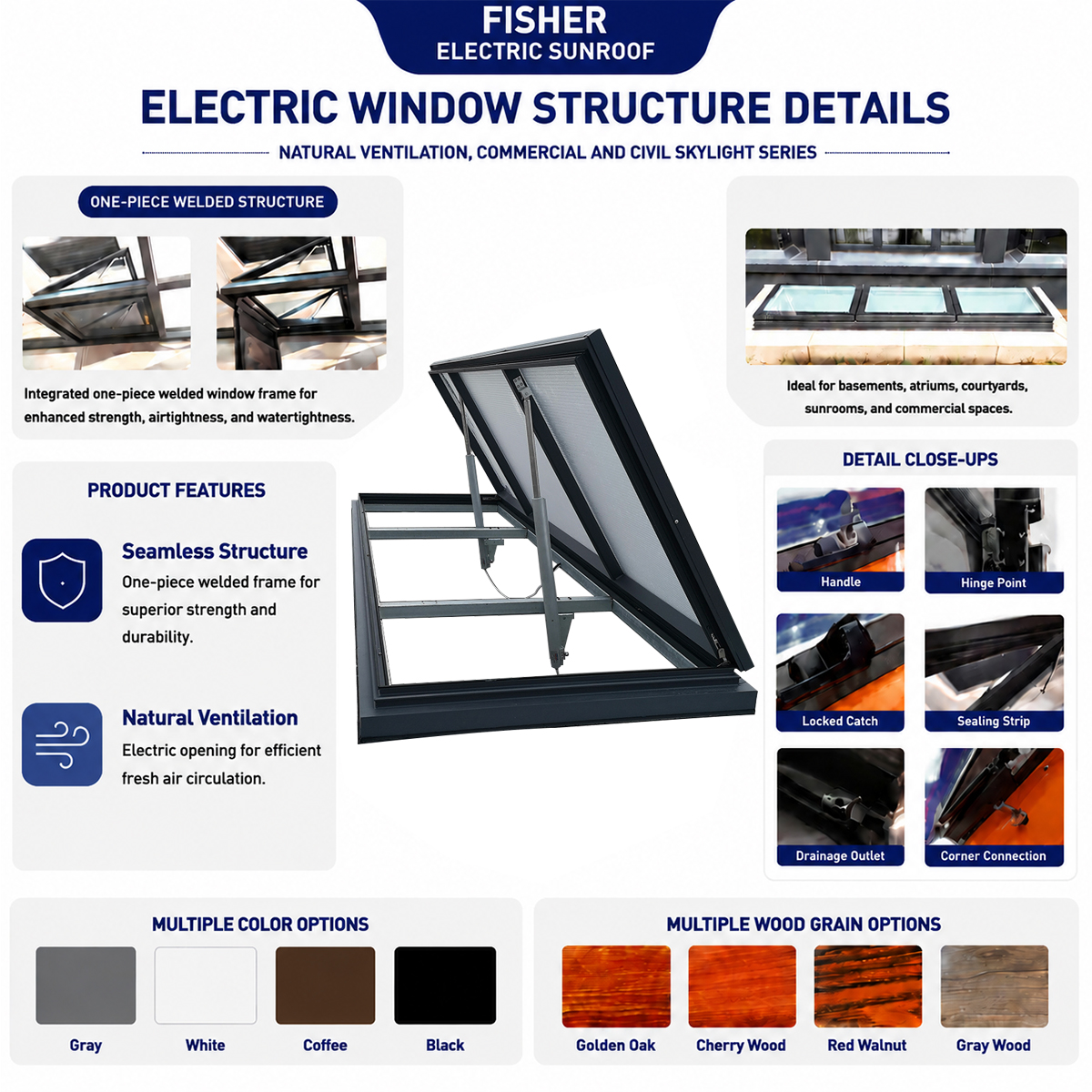 Aluminum Electric Automatic Skylight Roof Window Ceiling Skylight Dormer Windows for Roofs