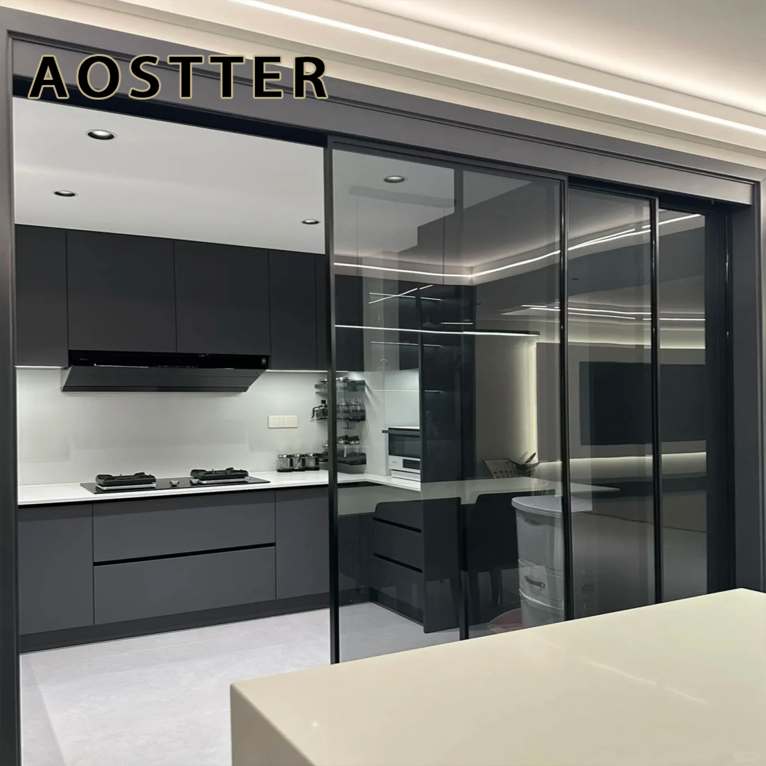 AOSTTER Semi-Open Kitchen Aluminum Partition Door with Clear Vision Tempered Panel and Durable Alloy Frame for Urban Flat